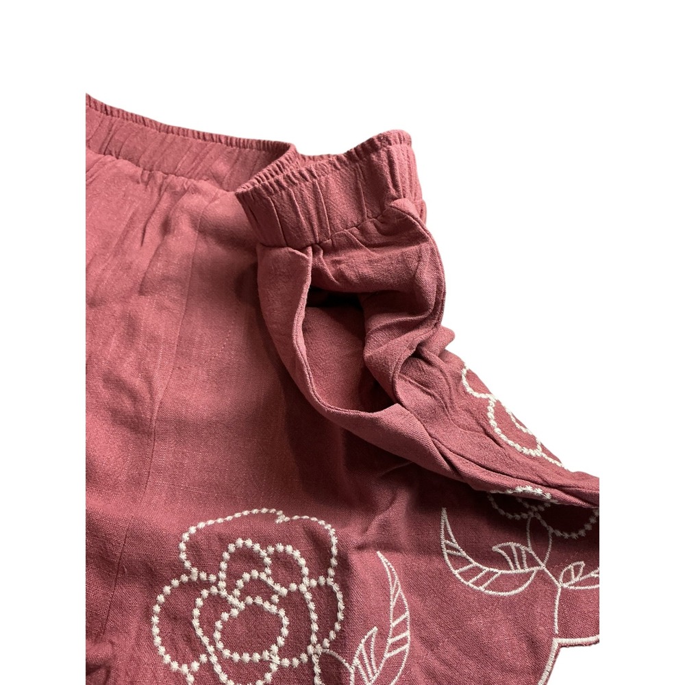 Dusty Rose Floral Embroidered Scalloped Hem Linen Blend Shorts Womens XL - Picture 9 of 15